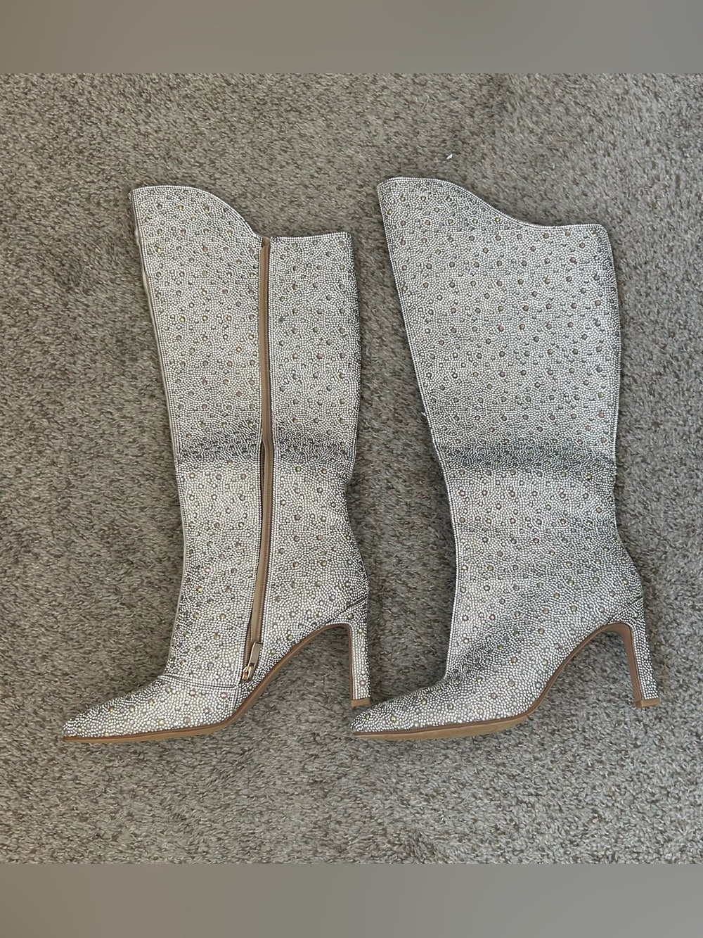 Women's Knee-High Rhinestone Heeled Boots - Cream